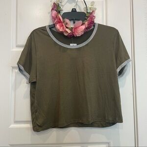 Women’s Olive Green Contrast Ringer Short Sleeve Crop Top Tee